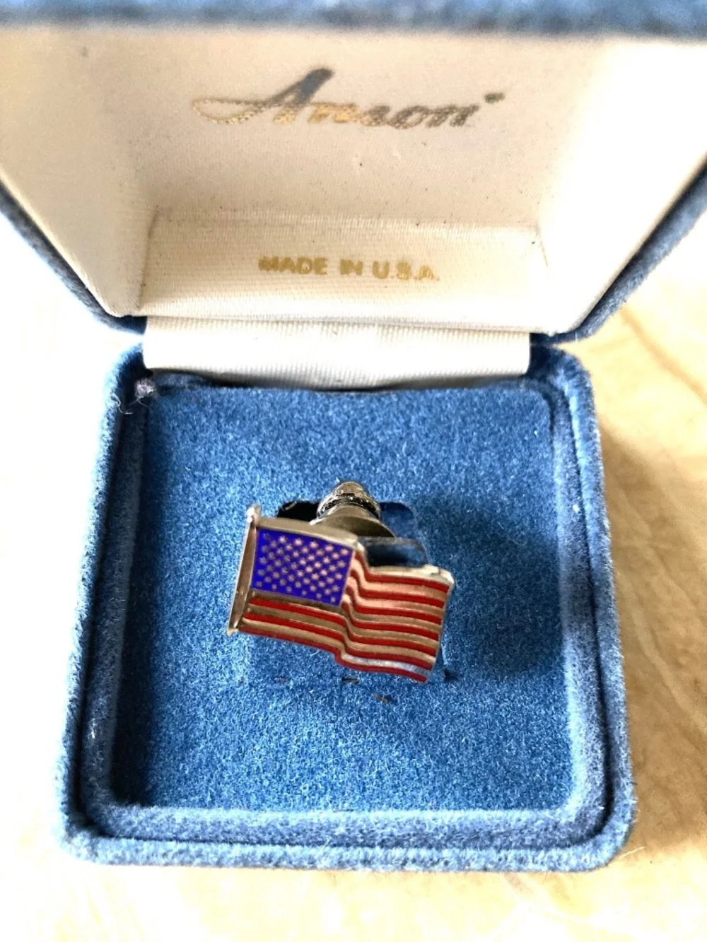 Vintage Anson American Flag Tie Tack / Lapel Pin – Enamel – Made in USA – Boxed